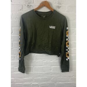 Vans Women's Crew Neck Sunflower Checker Cropped T-Shirt Ribbed Hem Green Size M